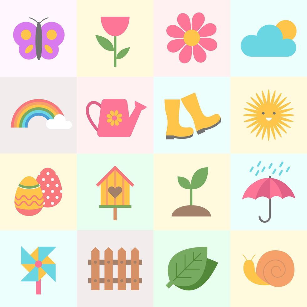 Spring season flat flower, leaf, cloud with square pattern background. Vector Illustration Graphic Design Set