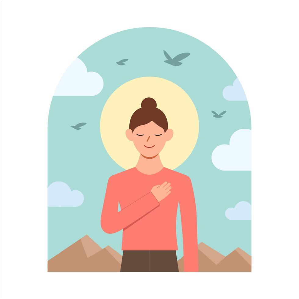 Woman with sky, sun and mountain. People relax with nature, Enlightenment, awareness and harmony concept, Good mental health lifestyle, Flat vector illustration