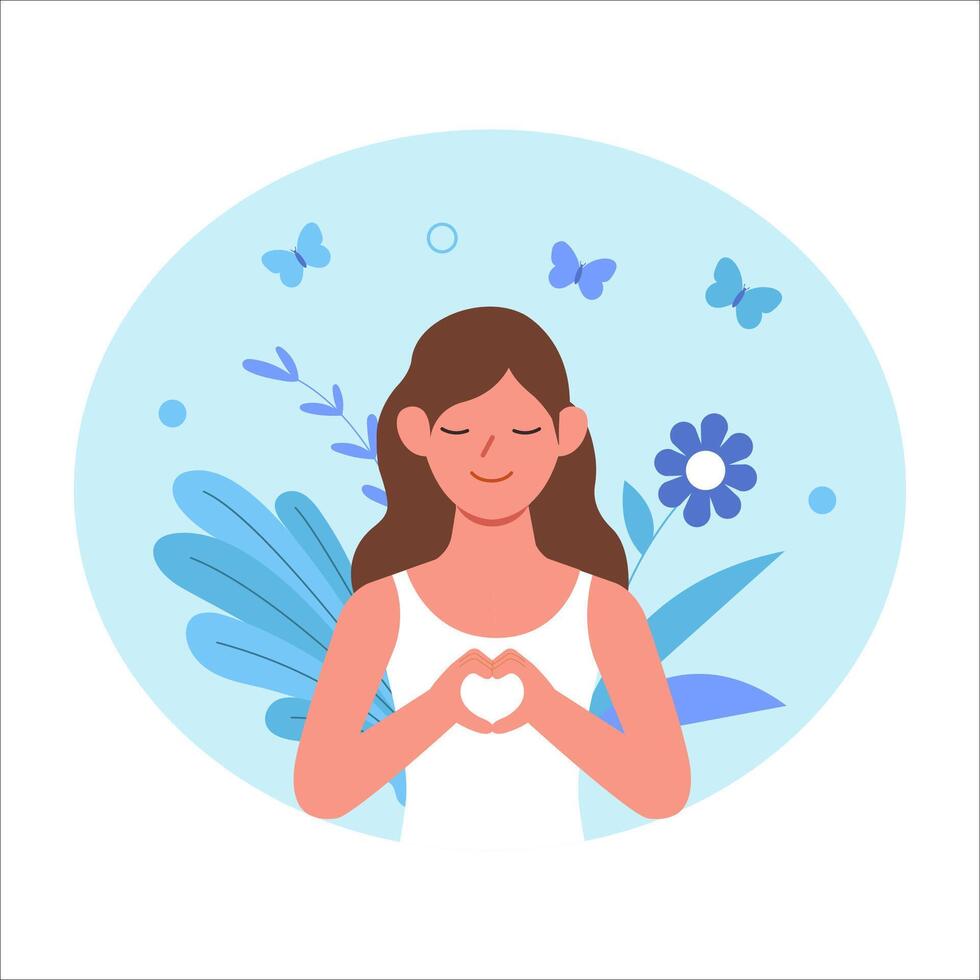 amor tú mismo. mujer tomar cuidado de mentalidad y aprender yo aceptando. mental salud y psicoterapia concepto. vector ilustración.