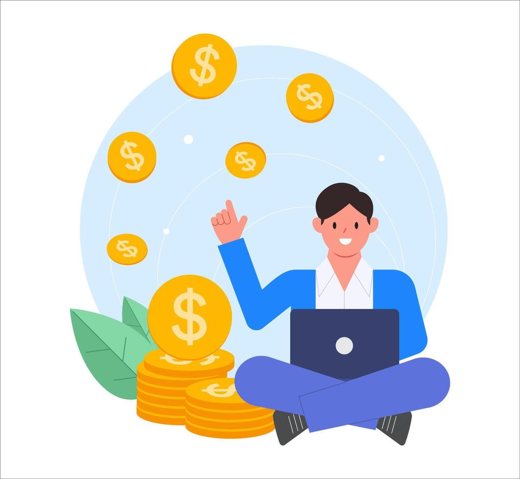 Earn money online. A man works online with a laptop and coins. Freelancer making money from home, Success remote work. Freelancers work online. Vector illustration