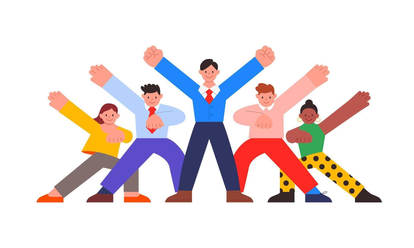 Group of office workers posing, Business people team up raised hands together to collaborate or celebrate, team work concept, Conceptual illustration vector