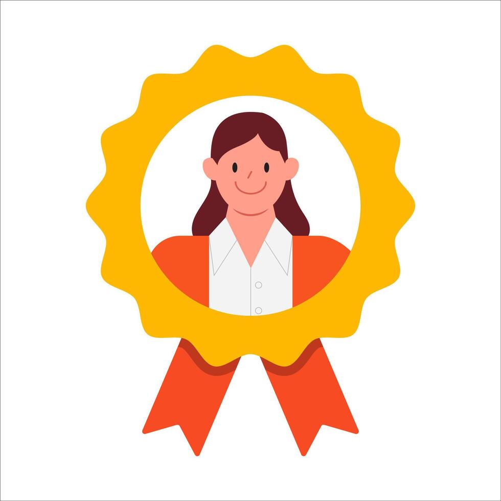 Woman in reward icon. Successful and hardworking worker. Achievement, business award and reward. Rewarding an employee for good results. Cartoon flat vector illustration isolated on a white background