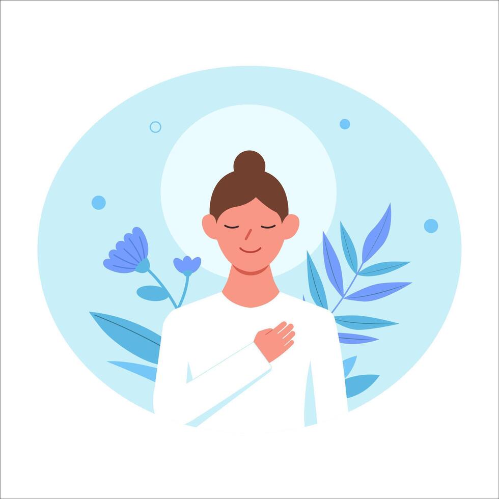 Love yourself. Woman take care of mentality and learn self accepting. Mental health and psychotherapy concept. Vector illustration.