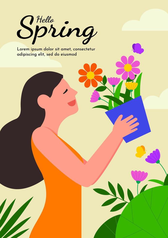 un contento niña disfrutar el naturaleza y flores, Bienvenido primavera concepto vector ilustración, Hola primavera bandera póster o saludo tarjeta modelo antecedentes