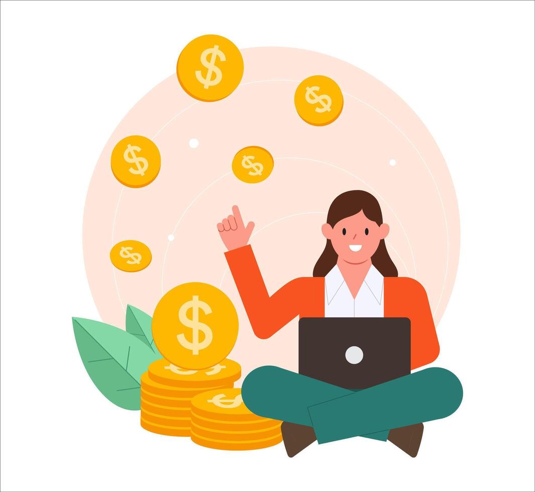 ganar dinero en línea. un mujer trabajos en línea con un ordenador portátil y monedas persona de libre dedicación haciendo dinero desde hogar, éxito remoto trabajar. autónomos trabajo en línea. vector ilustración