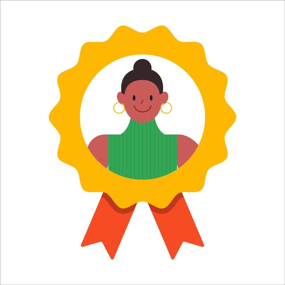 mujer en recompensa icono. exitoso y trabajo duro obrero. logro, negocio premio y premio. gratificante un empleado para bueno resultados. dibujos animados plano vector ilustración aislado en un blanco antecedentes