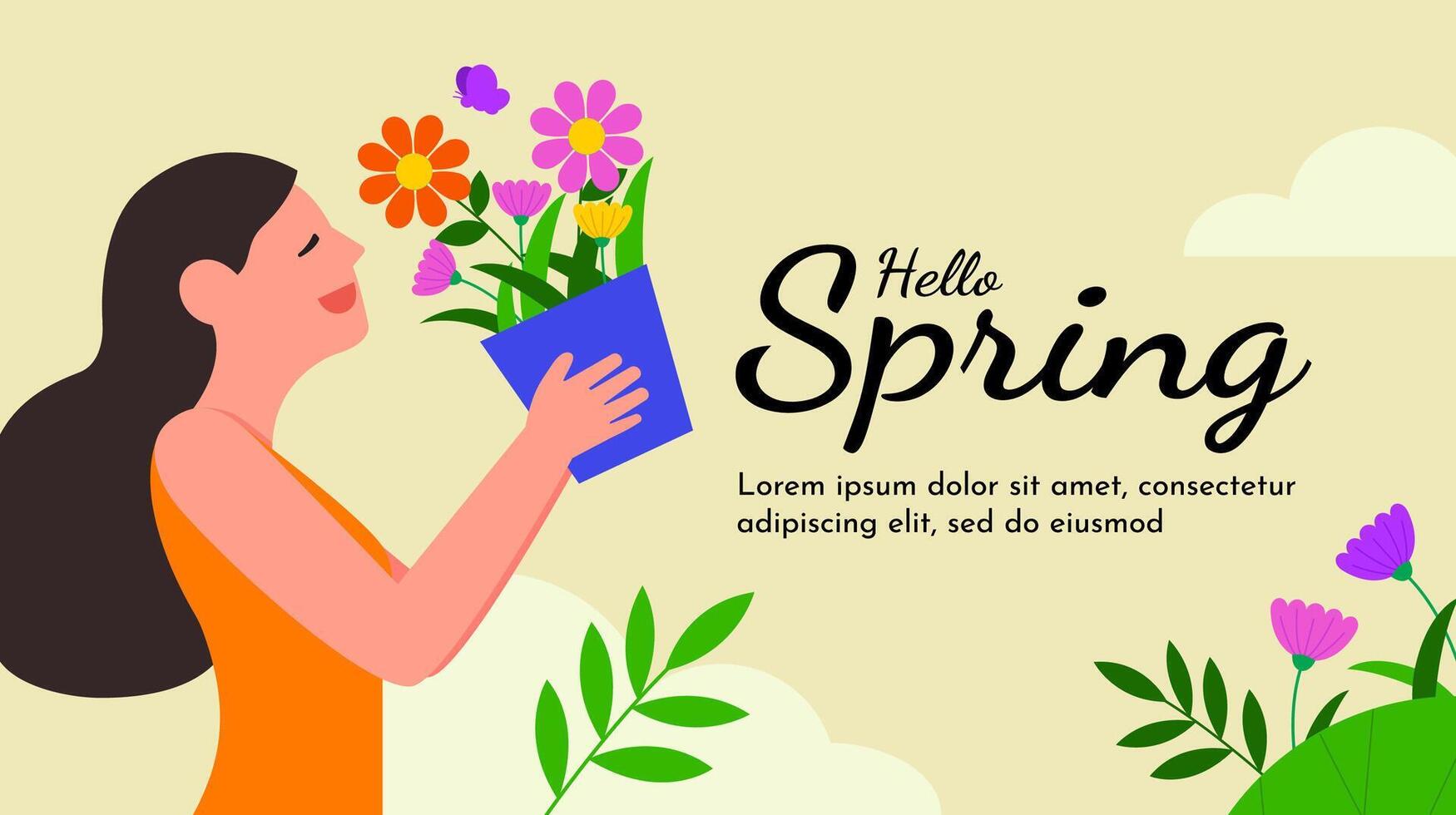 primavera póster, un contento niña disfrutar el naturaleza y flores, Bienvenido primavera concepto vector ilustración, Hola primavera bandera póster o saludo tarjeta modelo antecedentes