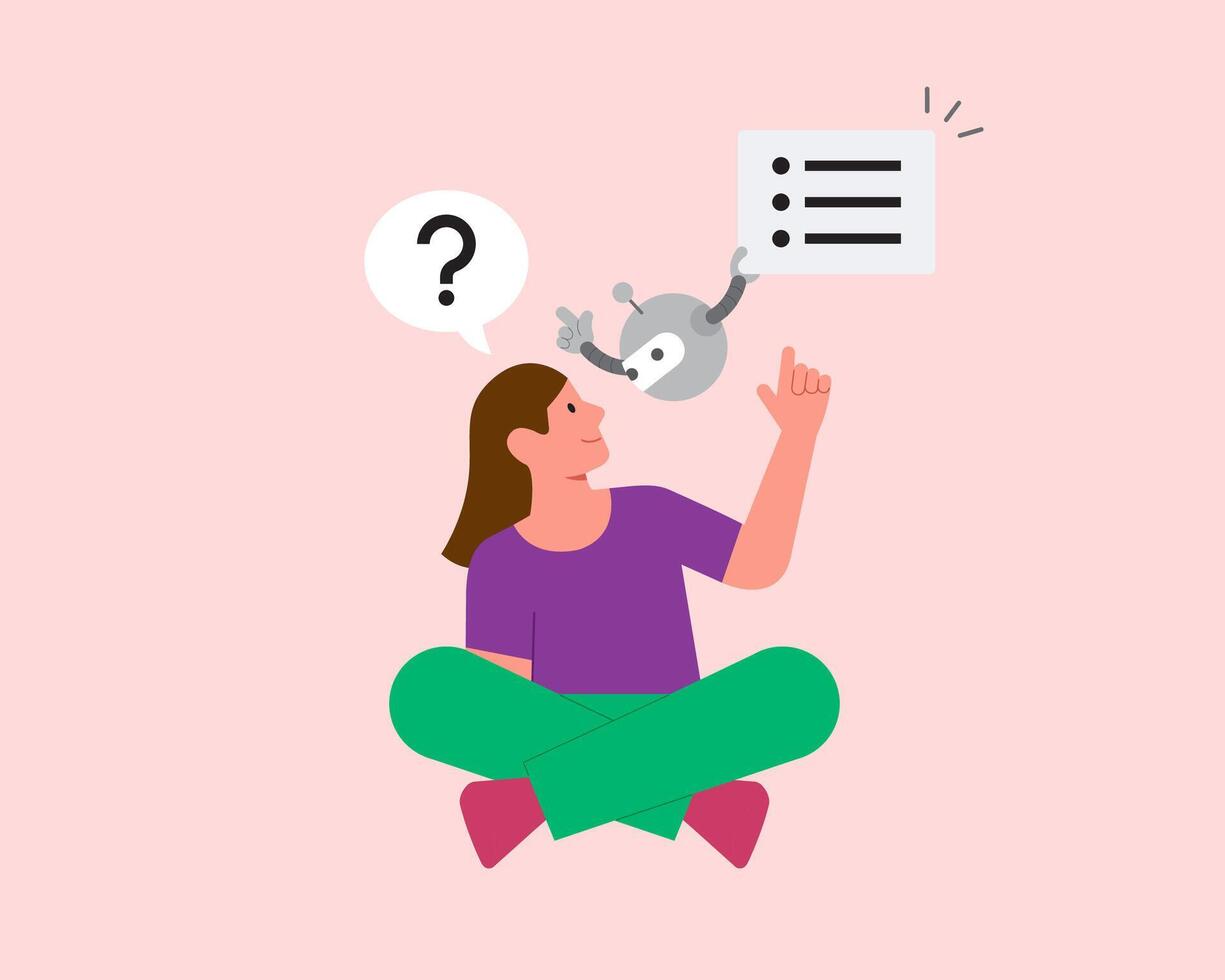 Person using AI to answer a question, young woman gives a prompt to a chat bot, uses a virtual assistant for work to answer a question, artificial intelligence concept, flat vector illustration