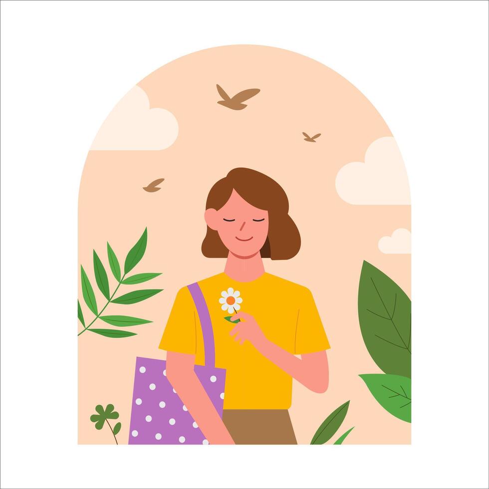 hermosa calma muchachas con flores personas relajarse con naturaleza, eco estilo de vida y sustentabilidad consumismo concepto. plano vector ilustración.