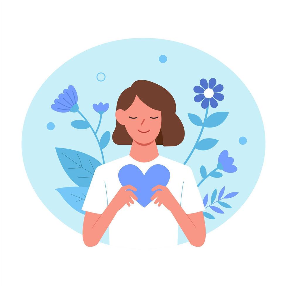 amor tú mismo. mujer tomar cuidado de mentalidad y aprender yo aceptando. mental salud y psicoterapia concepto. vector ilustración.