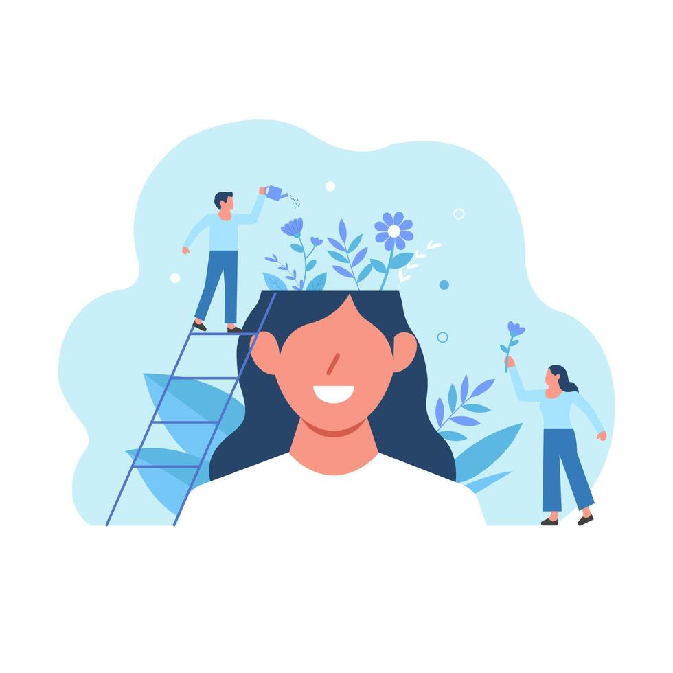 Mental health illustration set. Happy girl having great mental health. Tiny man watering flowers inside woman head. Positive mood. For psychology, genius, growth, development, intelligence concept vector