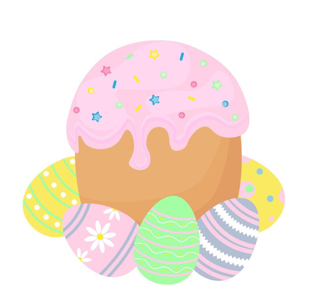 Easter cake and Easter eggs. Vector illustration. Traditional holiday baking. Christ is risen.