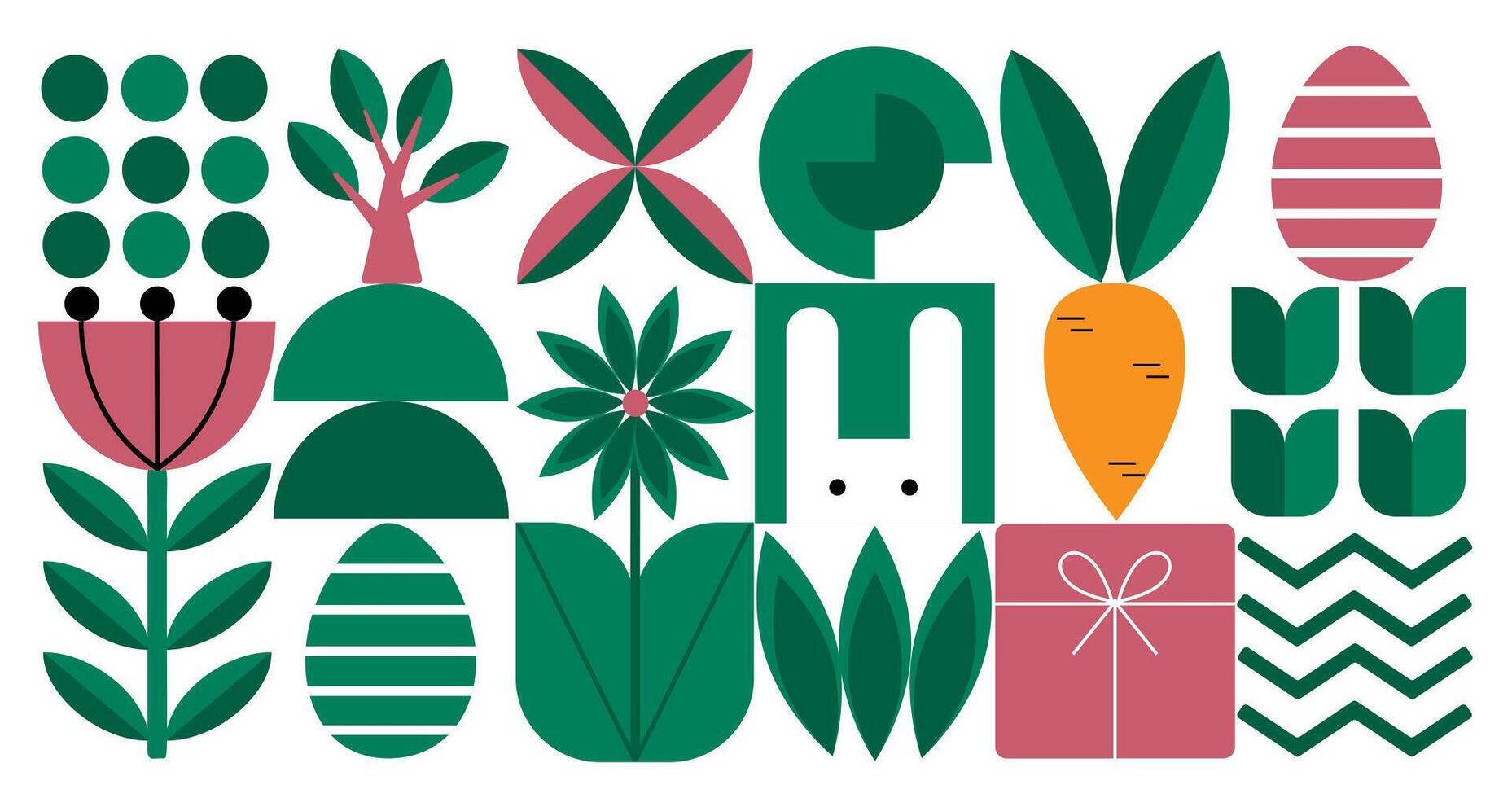 Geometric abstract pattern. Easter, eggs, flowers, plants of simple shapes. Vector illustration.