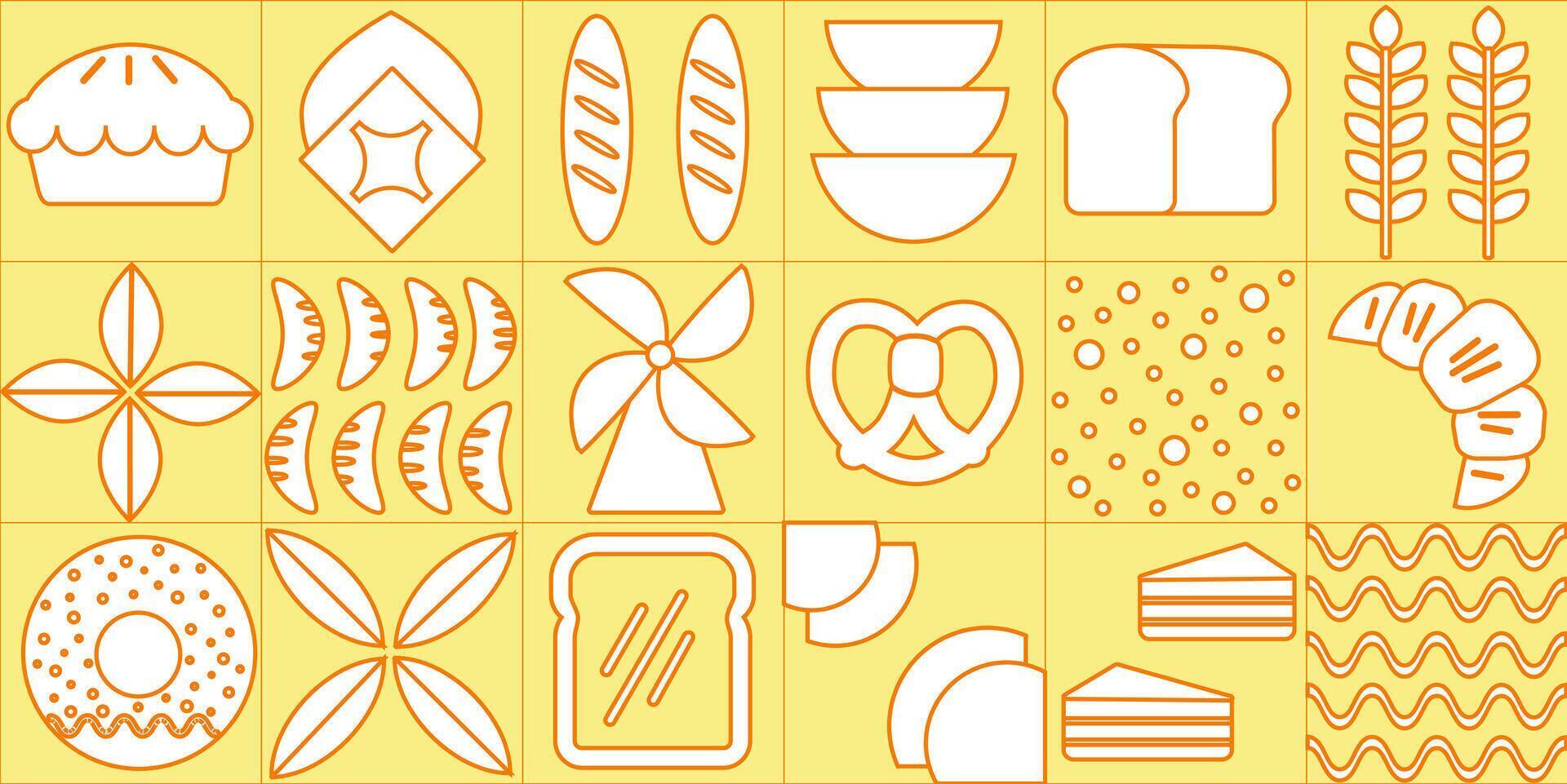 Baking and dessert in trendy geometric style - seamless pattern with icons related to bakery, cafe, cupcakes and logo design templates vector