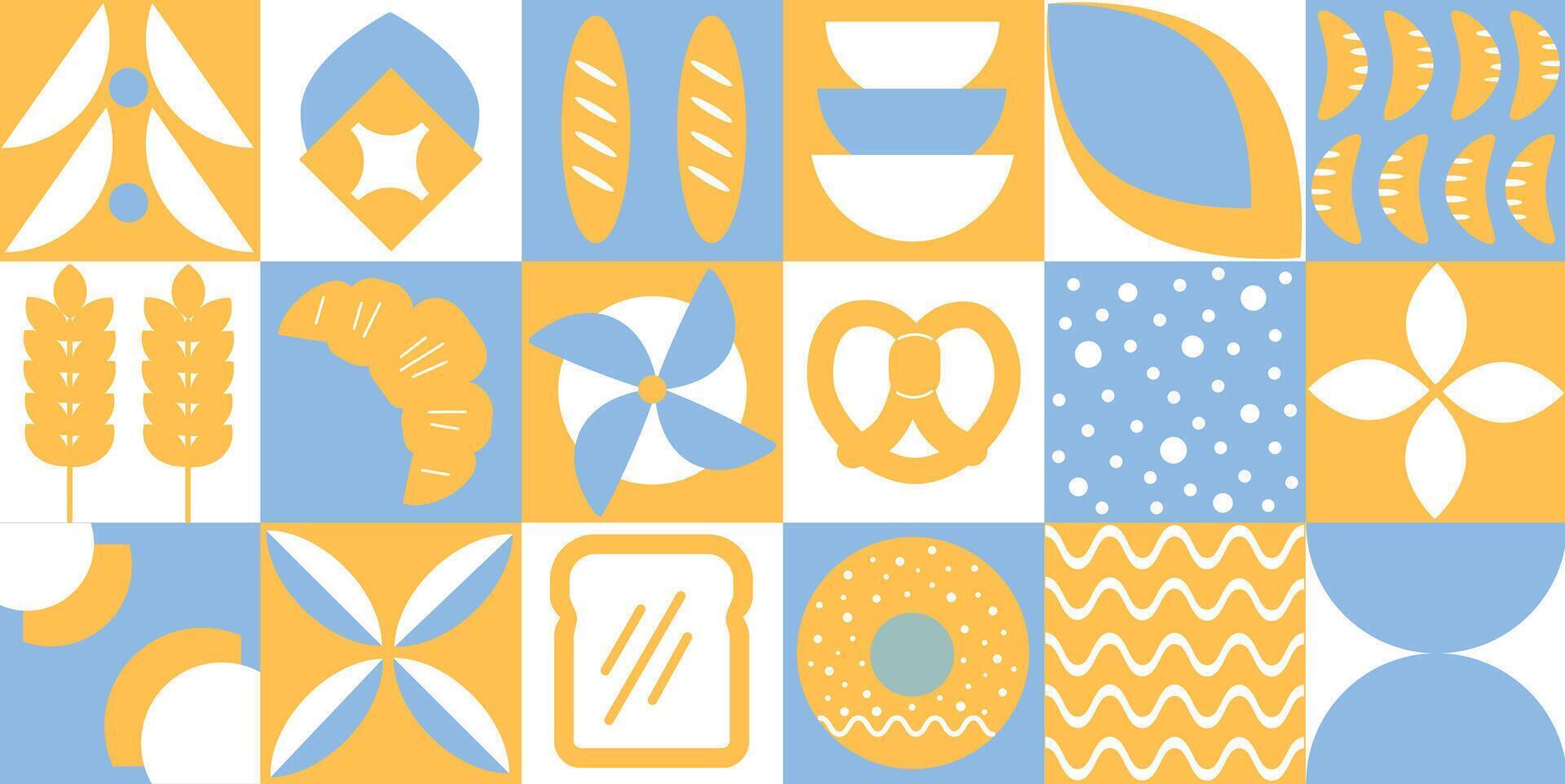 Baking and dessert in trendy geometric style - seamless pattern with icons related to bakery, cafe, cupcakes and logo design templates vector