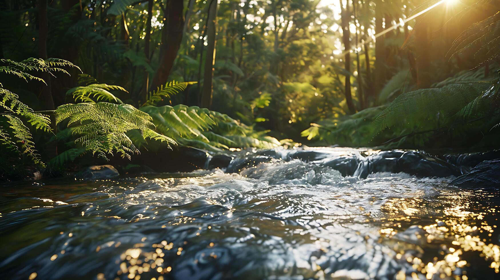 AI generated Serene River Flowing Through Lush Forest Bathed in Sunlight and Dappled Shadows photo