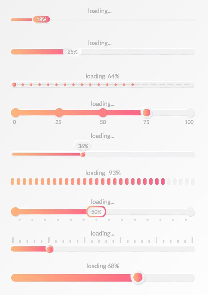 Progress load bar. Indicator of status download. Graphic icons of interface. Neon buttons of speed of upload. Color set of web loaders with percent. Futuristic UI for website, game, internet vector
