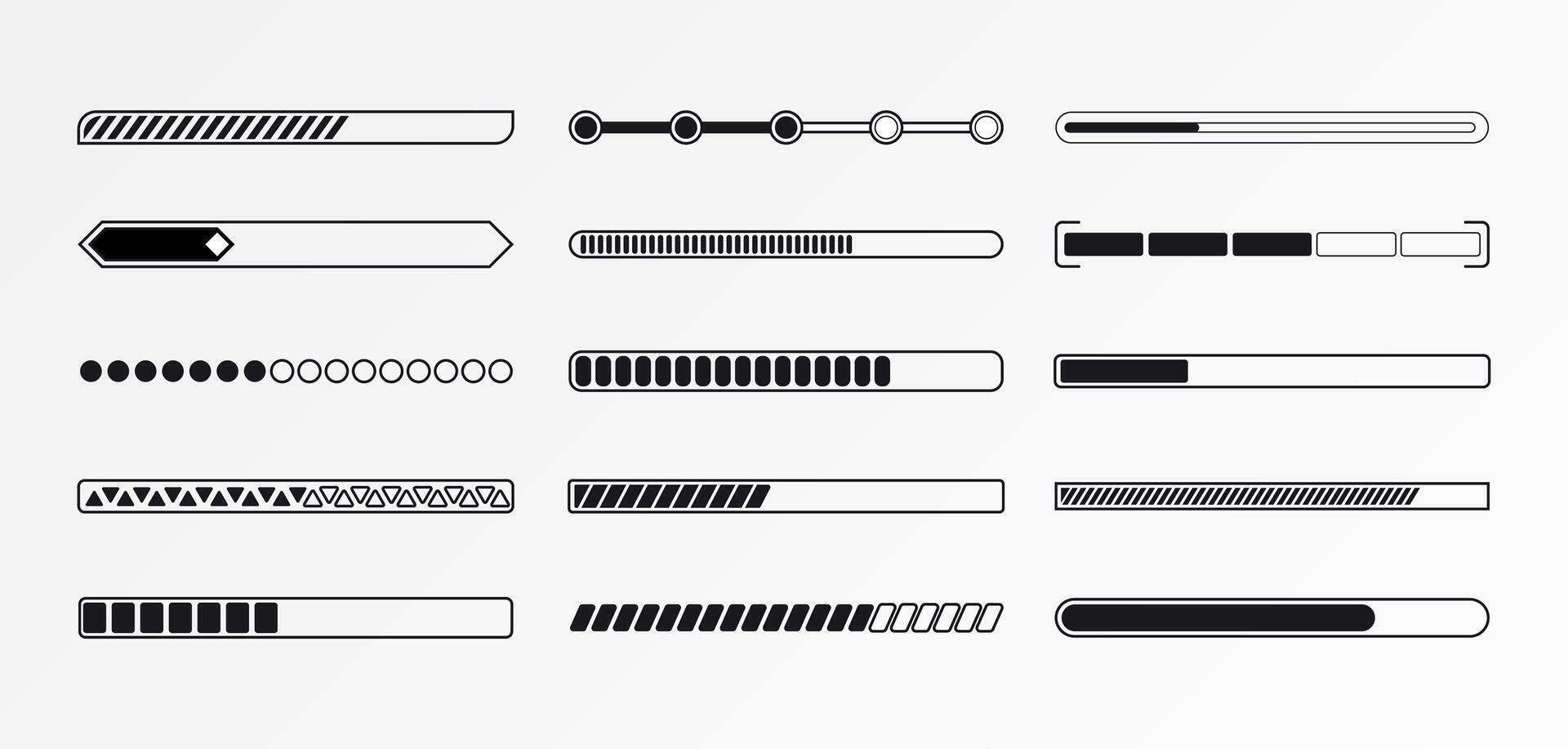 Progress load bar. Indicator of status download. Graphic icons of interface. Neon buttons of speed of upload. Set of web loaders with percent. Futuristic UI for website, game, internet vector