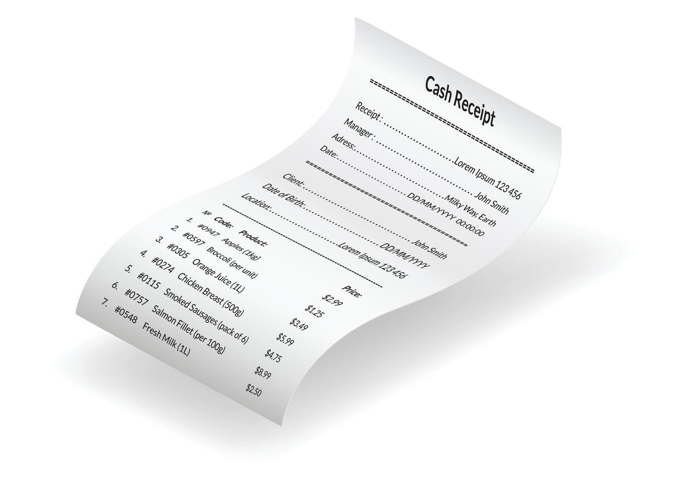 Payment check and receipts with shadow. Curved financial paper, purchase invoice. Buying, bill or calculate pay. Receipt the seller forms vector