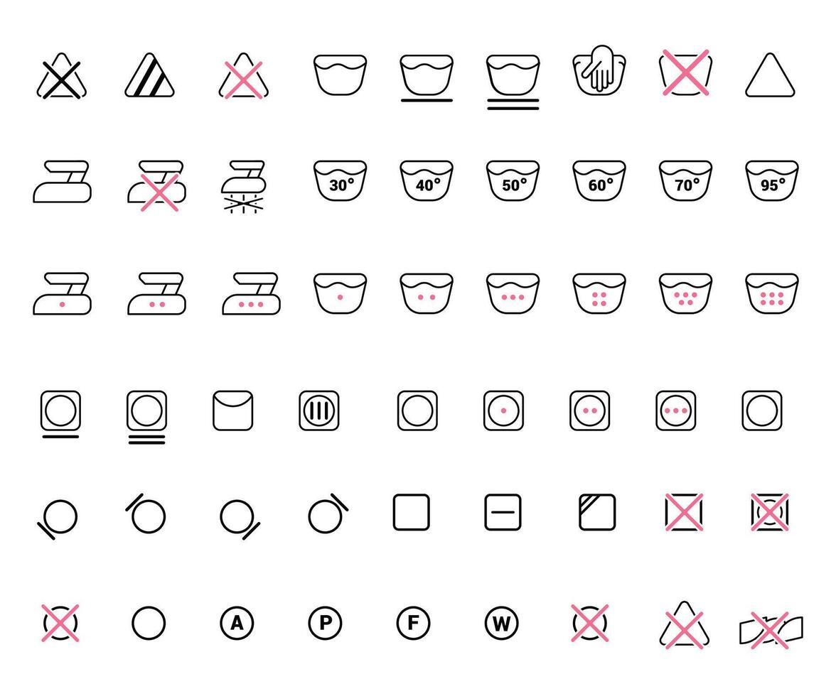 Laundry icons. Care clothes instructions on labels, machine or hand washing signs. Water, ironing and drying temperature symbols collection, textile and fabric types. Vector line items isolated set