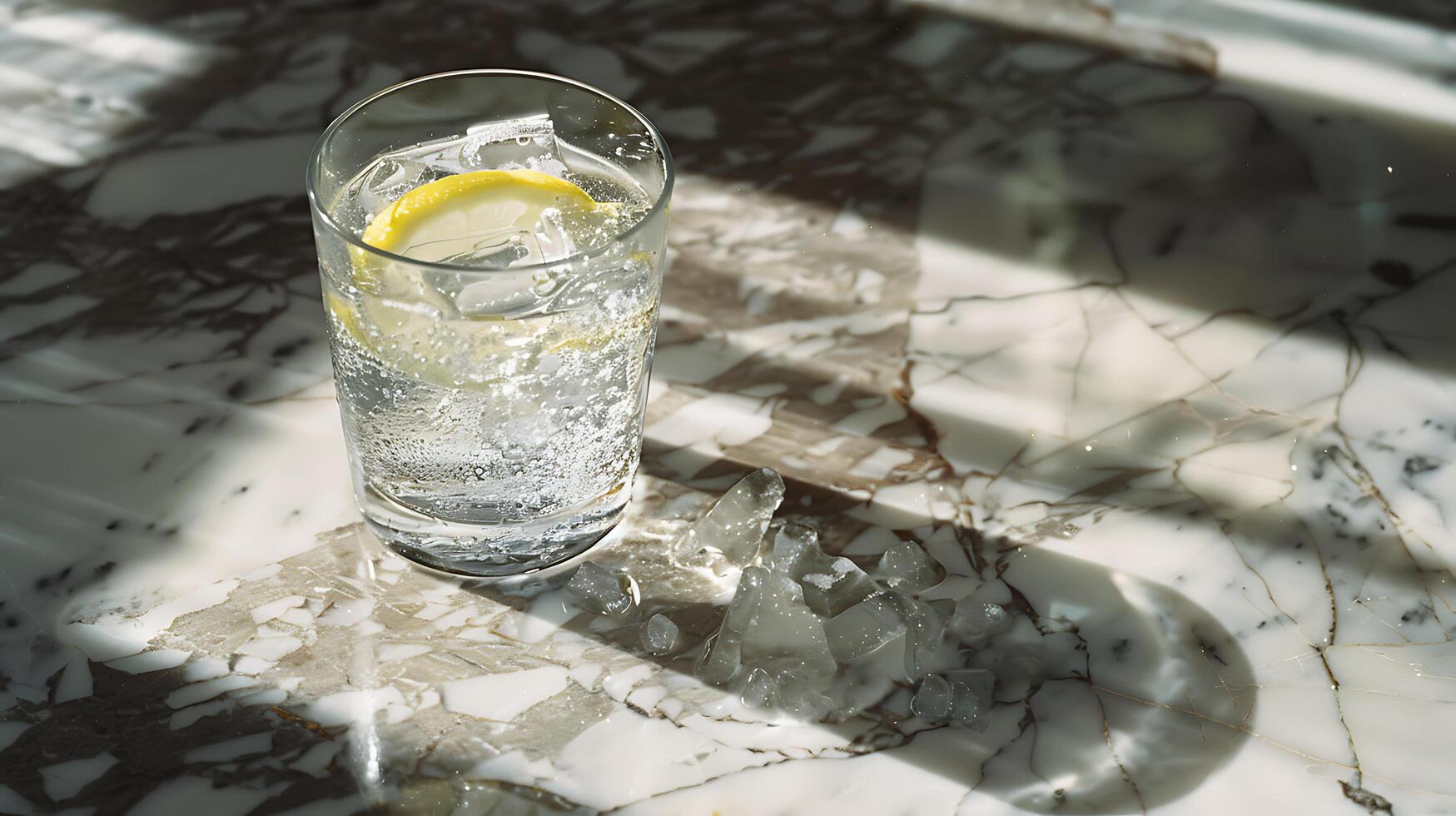AI generated Refreshing Sparkling Water with Lemon on Rustic Table Surrounded by Greenery photo