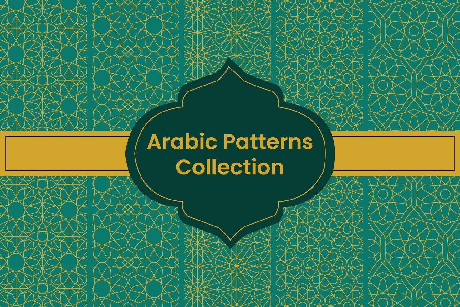 Collection of Golden Arabic Patterns on Green Background, Vector