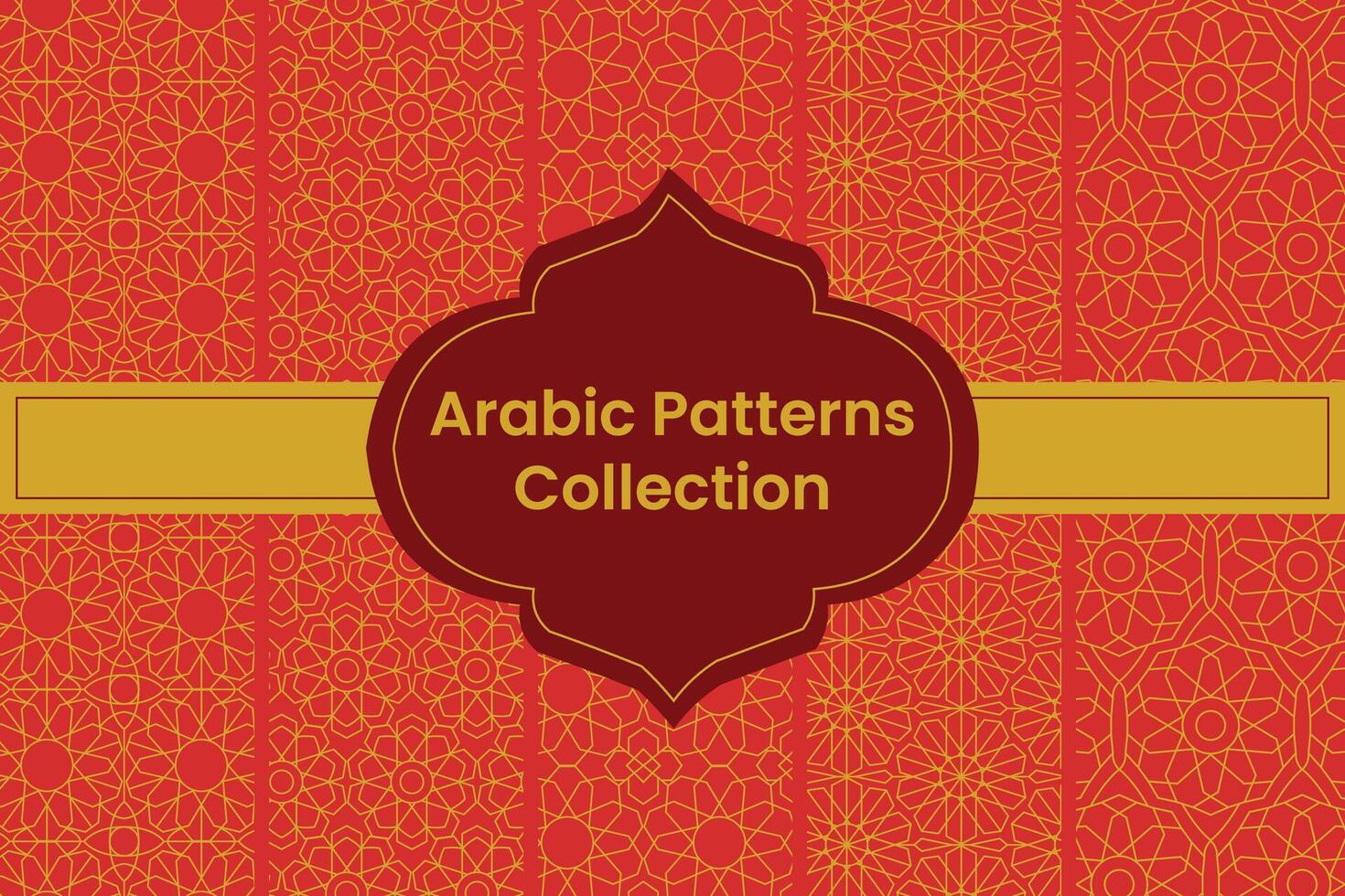 Set of Golden Arabic Patterns on Red Background, Vector