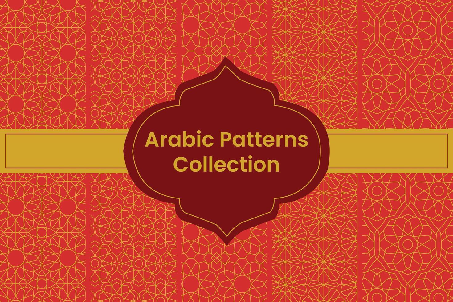 Set of Golden Arabic Patterns on Red Background, Vector