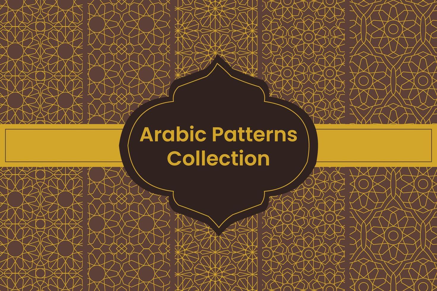 Set of Golden Arabic Patterns on Brown Background, Vector