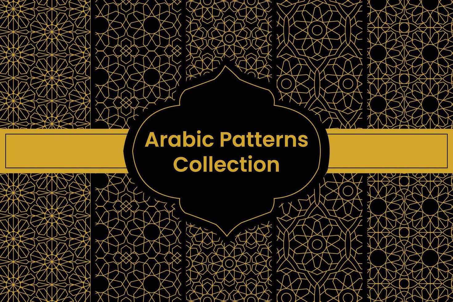 Set of Golden Arabic Patterns on Black Background, Vector