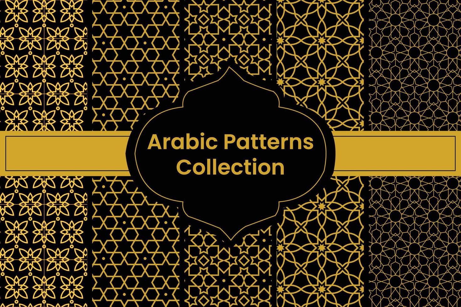 Collection of Golden Arabic Patterns on black Background, Vector