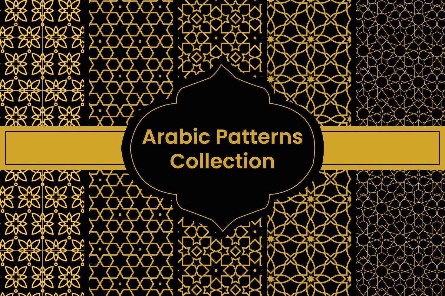 Collection of Golden Arabic Patterns on black Background, Vector