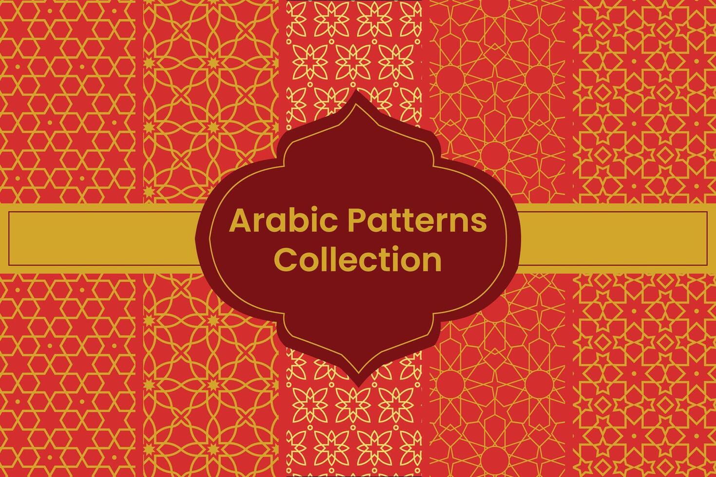 Collection of Golden Arabic Patterns on Red Background, Vector