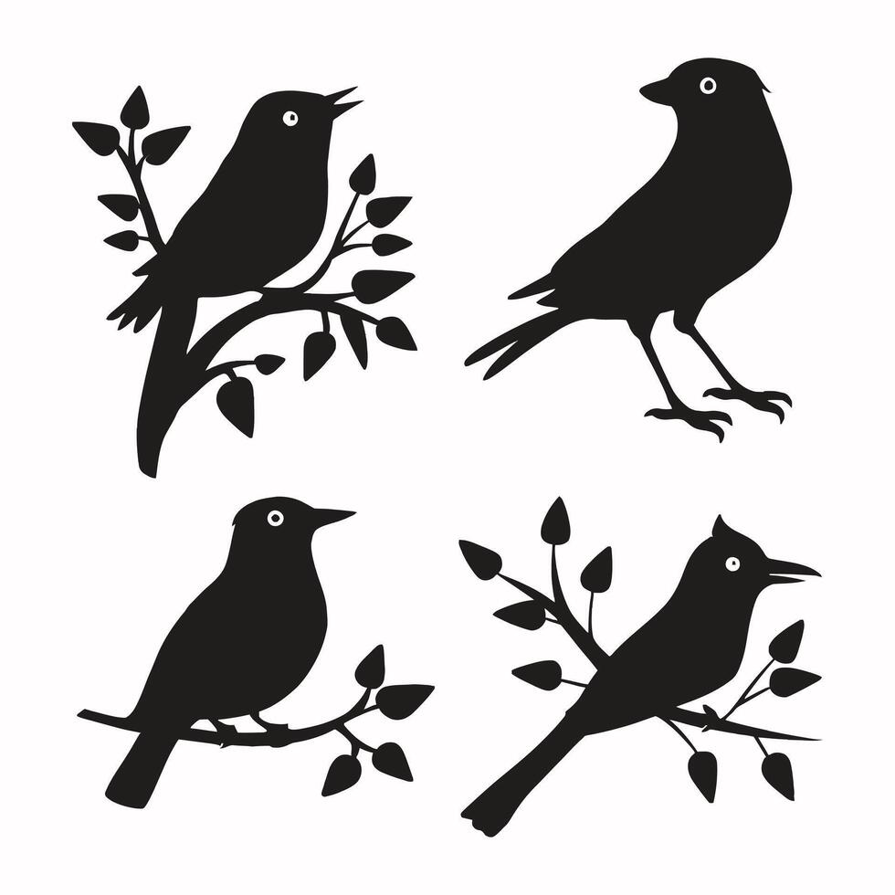 Set of a flock of flying different birds silhouettes Collection of different cartoon black birds on white background. Vector illustration.