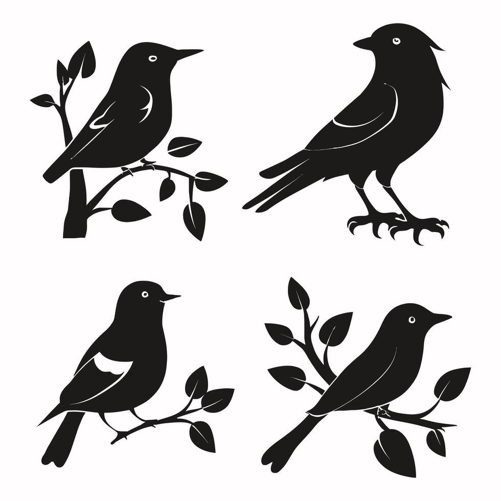 conjunto de un rebaño de volador diferente aves siluetas colección de diferente dibujos animados negro aves en blanco antecedentes. vector ilustración.