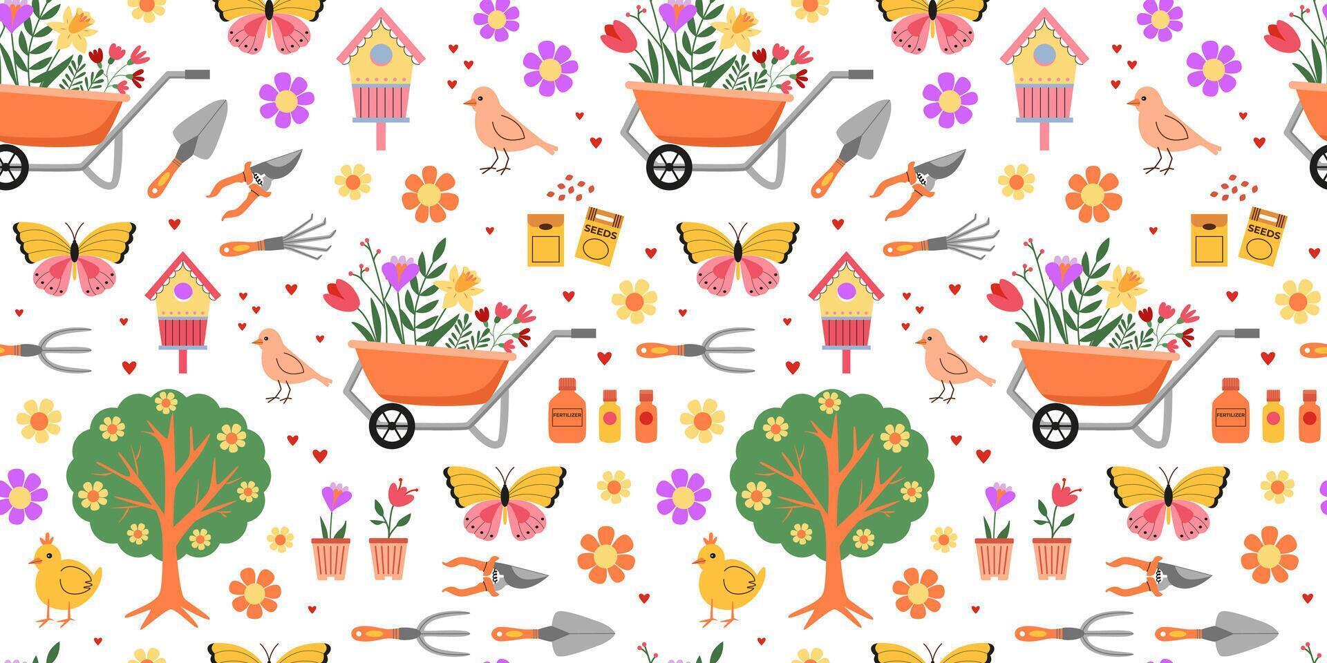 Spring gardening seamless pattern. Bloom time. Early spring farming. Garden tools, wheelbarrow, seeds, plants, fertilizer, flowers. Hand drawn. Background, wrapping paper, digital paper. vector