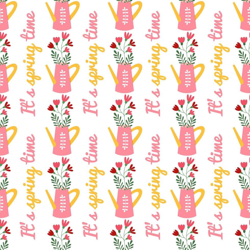 Watering can with spring flowers seamless pattern. It's spring time inscription. Gardening. Colorful hand drawn backdrop. Banner, background, wrapping paper, digital paper. vector