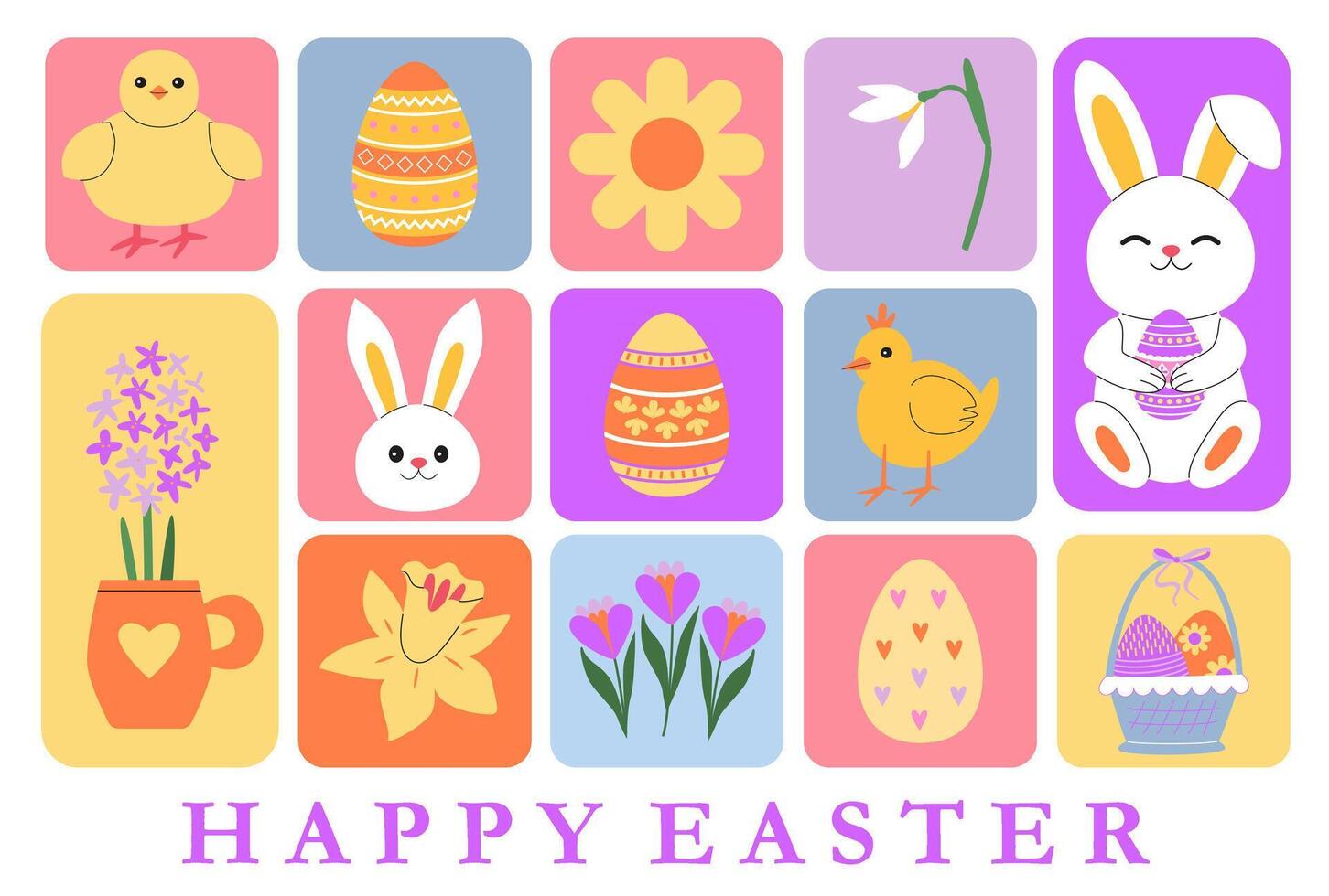Modern geometric Easter greeting card. Easter bunny, chicks, eggs and flowers. Spring holidays. Happy Easter congratulation. Festive invitation, flyer, banner, background. vector