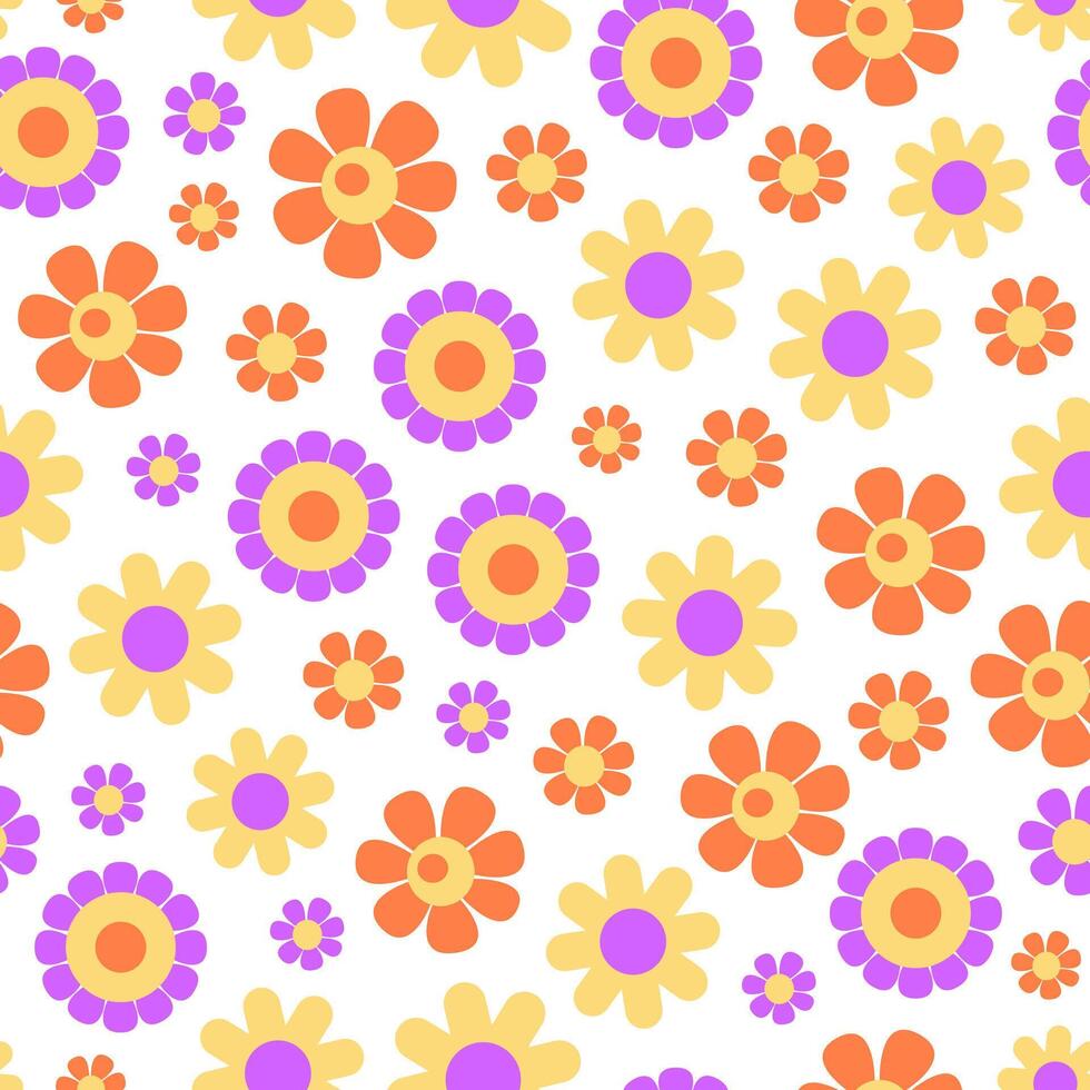 Spring floral seamless pattern. Retro groovy flowers, camomiles, daisies. Summer meadow. Background, wrapping paper. vector