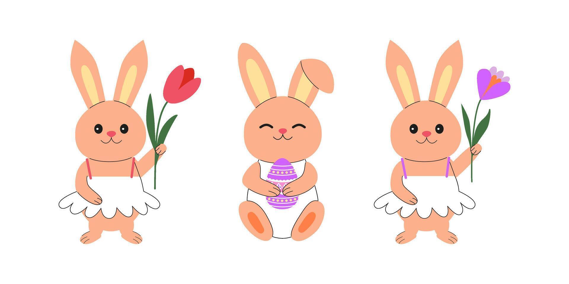 Three cute Easter bunnies in modern cartoon style. Rabbits with flowers and Easter egg. Hand drawn doodles. Spring holidays. vector