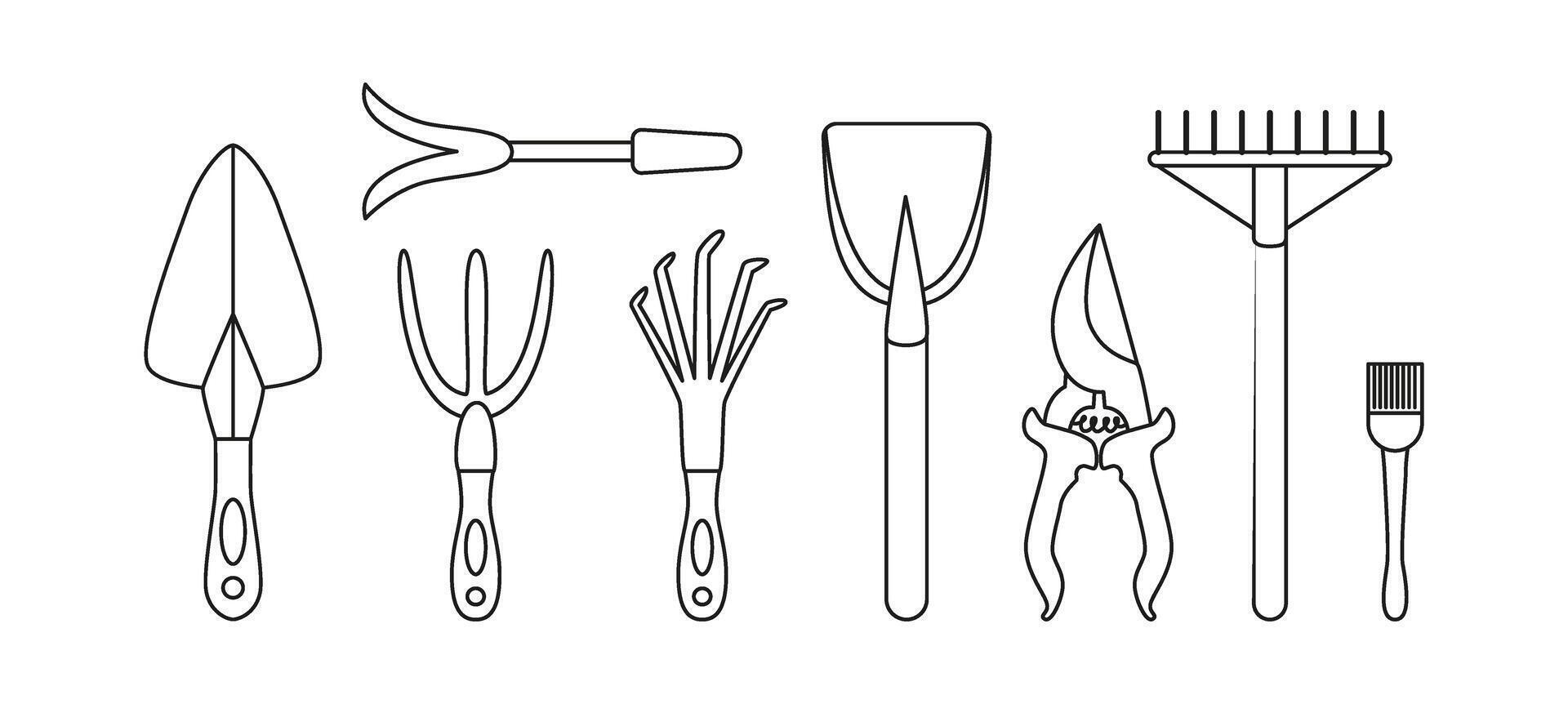 Linear garden tools icons and doodles. Garden rake, garden fork, flower scoop, hand cultivator, pruning shears, secateurs, bayonet shovel, brush, pitchfork. Line art isolated on white. vector
