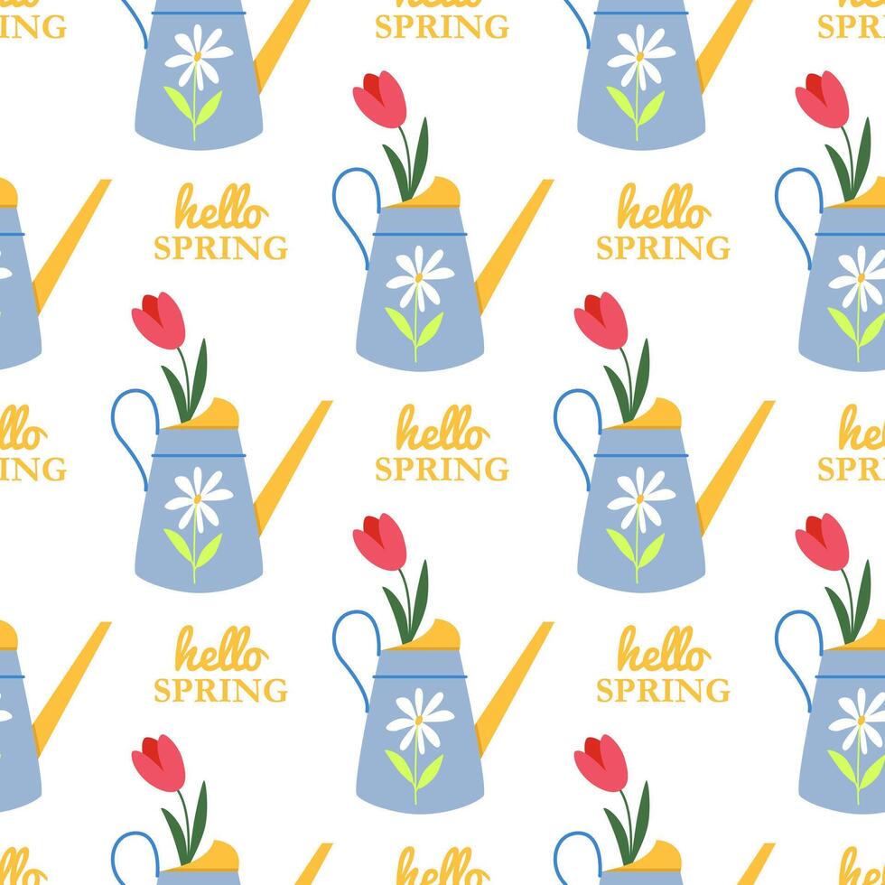 Watering can with tulip seamless pattern. Hello spring inscription. Spring time celebration. Gardening. Colorful hand drawn backdrop. Banner, background, wrapping paper, digital paper. vector