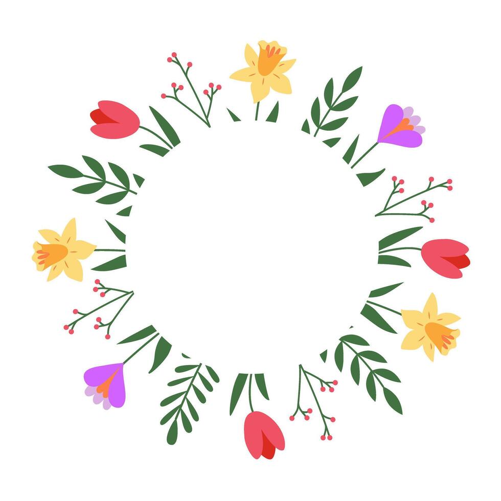 floral primavera marco con sitio para texto. tulipanes, narciso, azafrán, verdor. modelo para invitación, saludo tarjeta. genial para cumpleaños, de mamá día, boda. fondo, guirnalda. vector