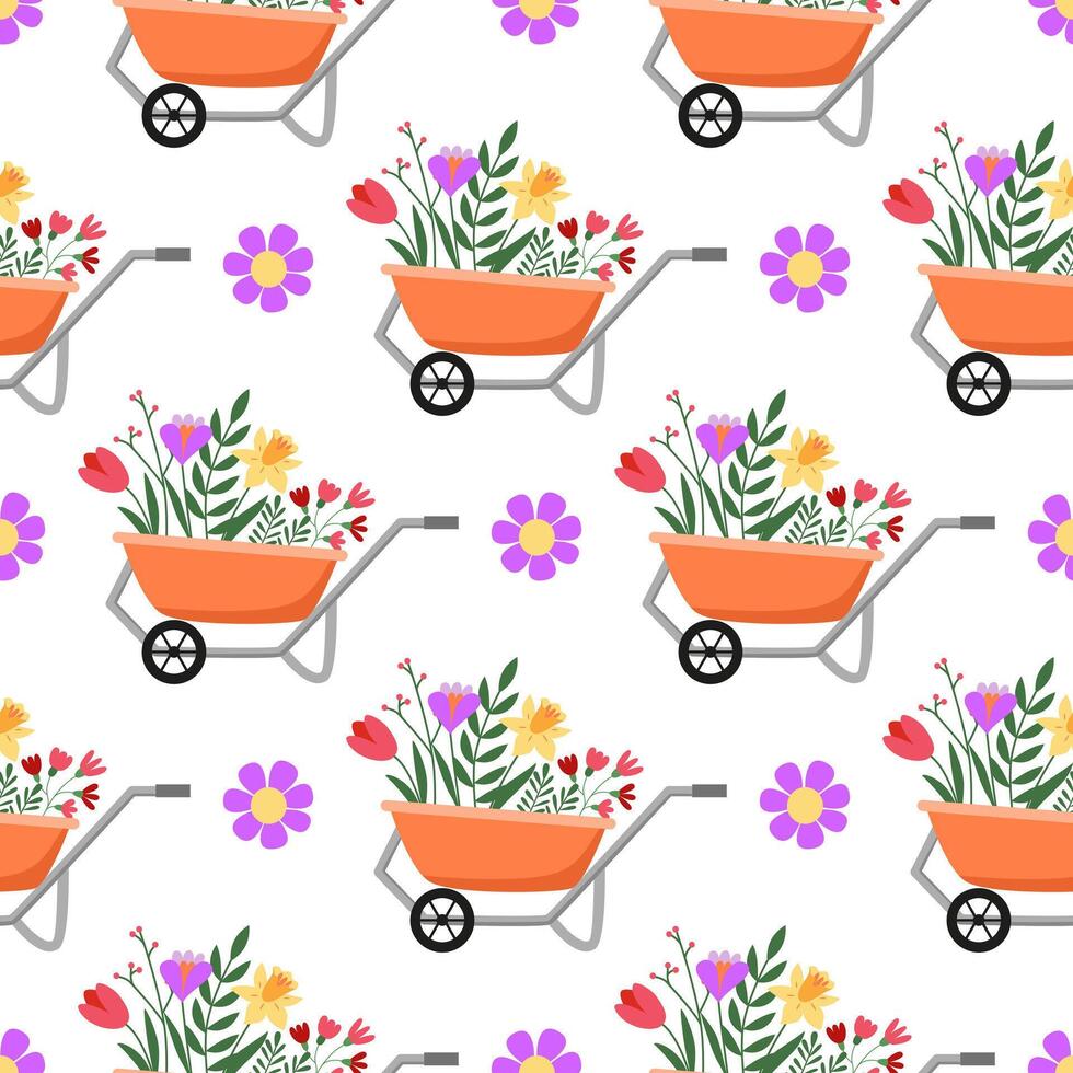 Wheelbarrow with flowers seamless pattern. Spring gardening and farming works. Hand drawn. Background, backdrop, wrapping paper, digital paper. vector