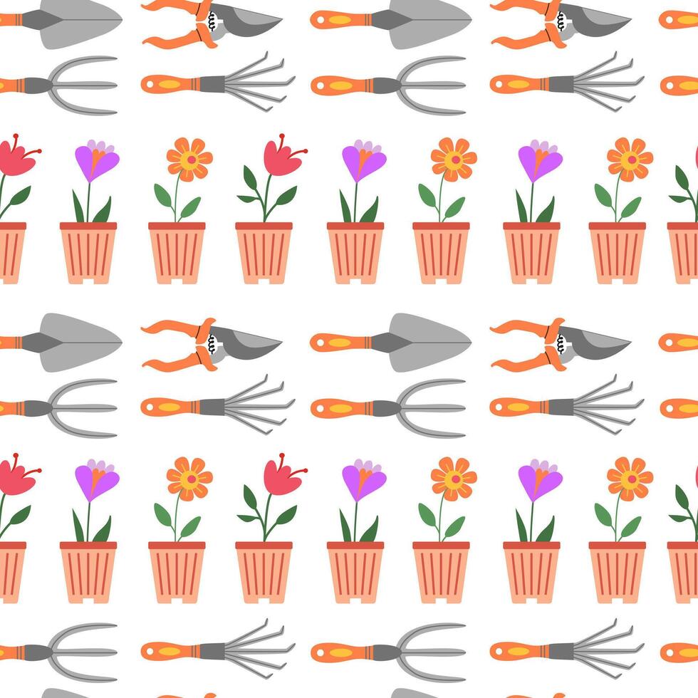 Garden tools and flowers in pots seamless pattern. Spring gardening and farming works. Hand drawn. Background, backdrop, wrapping paper, digital paper. vector