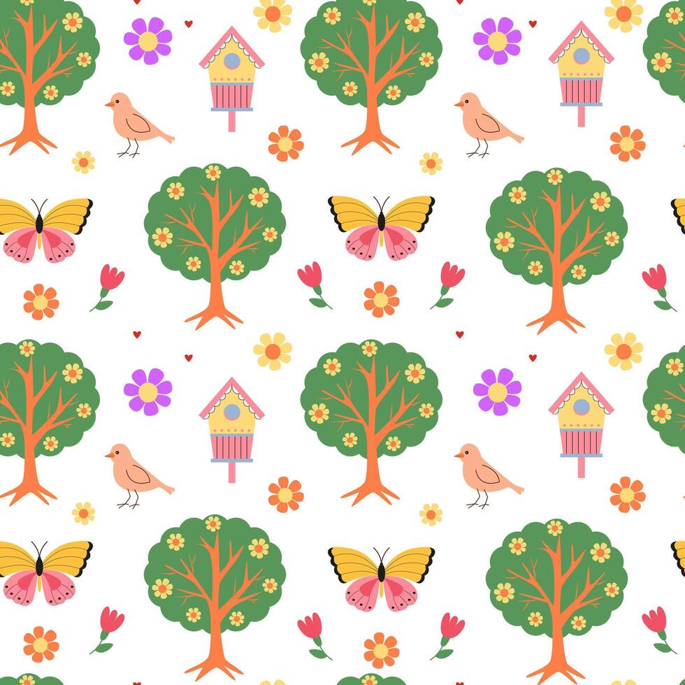 Spring bloom seamless pattern. Blossom time. Blooming tree, butterfly, birds, birdhouses, flowers. Hand drawn. Background, wrapping paper, digital paper. vector