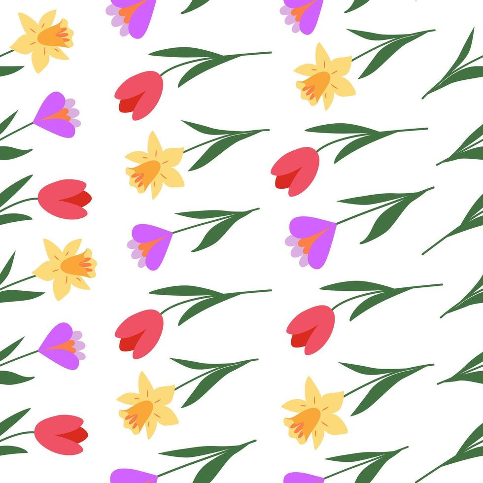 Colorful floral seamless pattern. Spring and summer bloom. Tulip, narcissus, crocus. Botanical background, wrapping paper, backdrop. vector