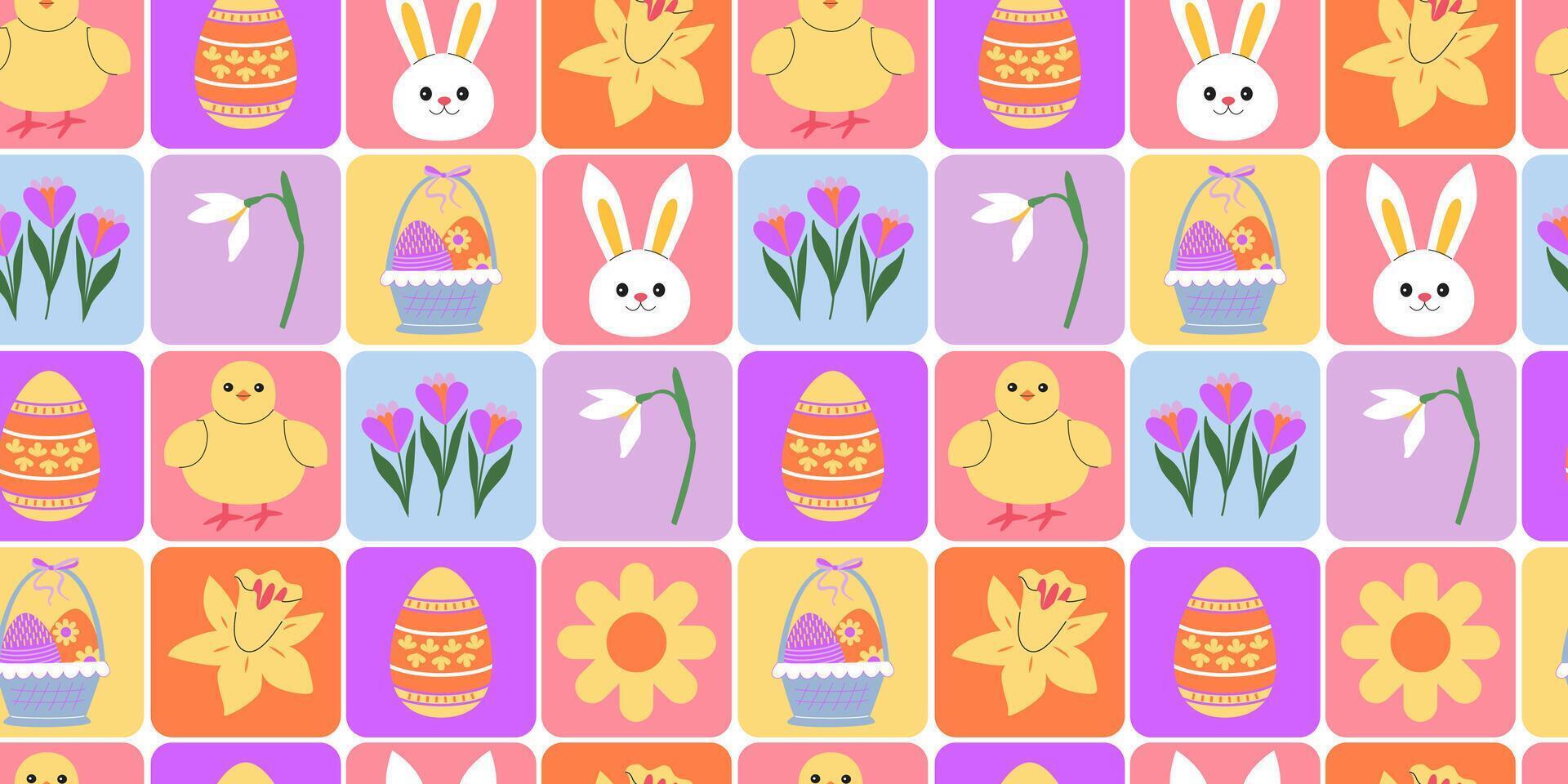 Modern geometric Easter seamless pattern. Geometric mosaic, patchwork, playful squares. Colorful Easter bunny, chick, eggs and flowers. Spring holidays. Banner, background, digital paper. vector