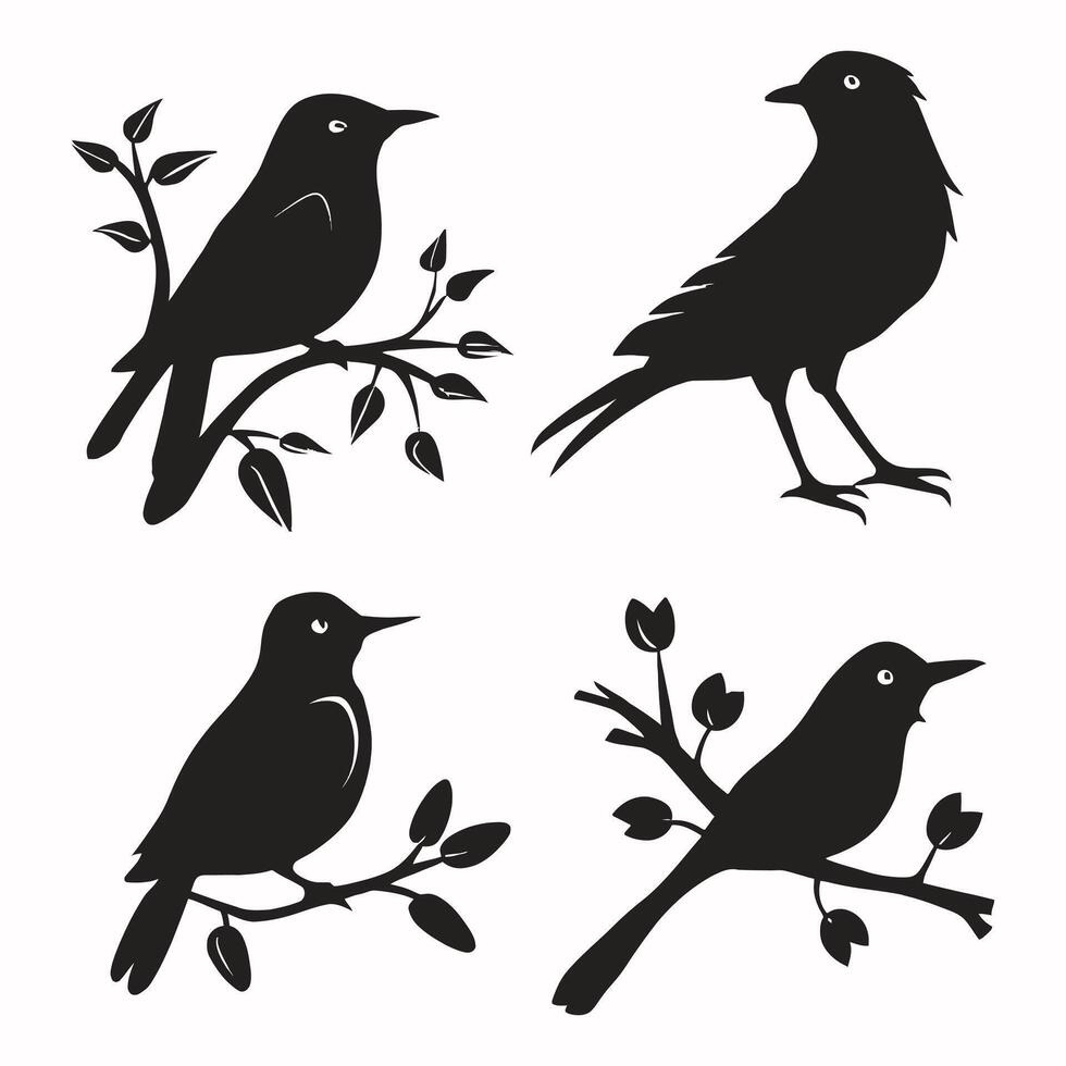 Set of a flock of flying different birds silhouettes Collection of different cartoon black birds on white background. Vector illustration.