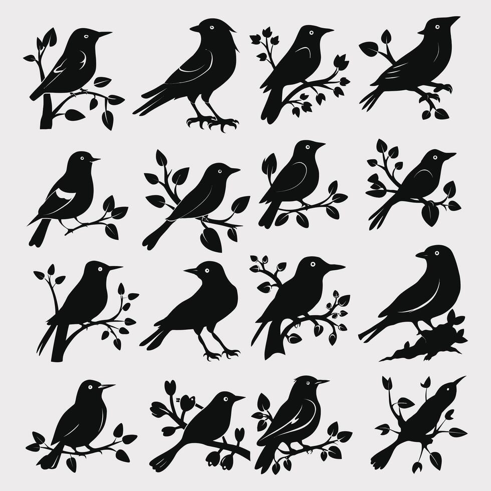 Set of a flock of flying different birds silhouettes Collection of different cartoon black birds on white background. Vector illustration.